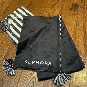 New Sephora black velour scarf, striped on other side, tassels at corners
